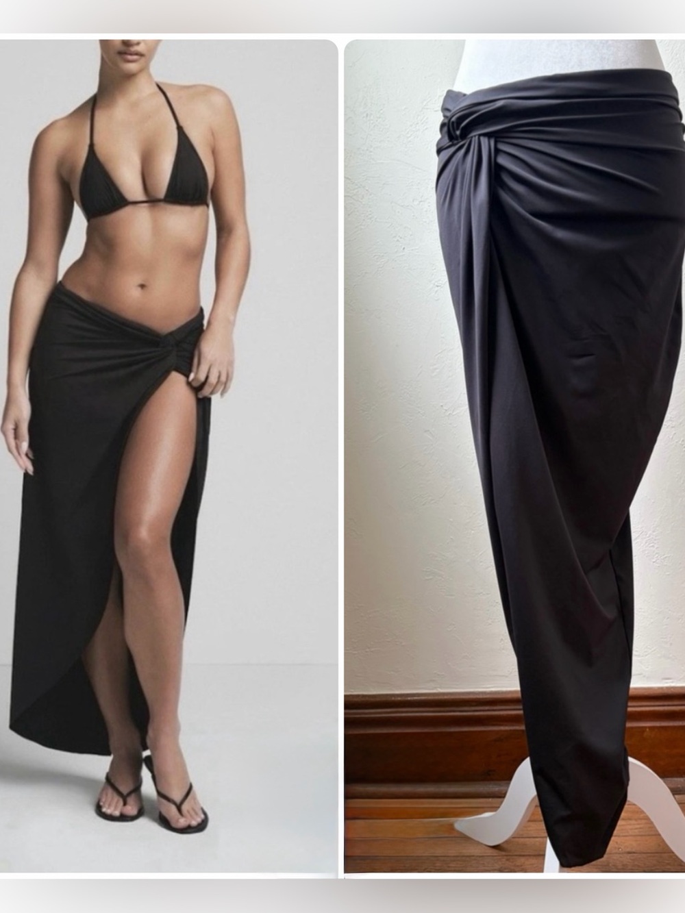 SKIMS Black Signature Swim Sarong Draped Slit Midi Skirt Medium